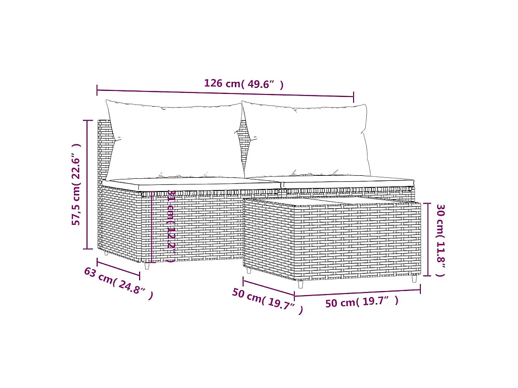 3-delige Loungeset met kussens poly rattan grijs