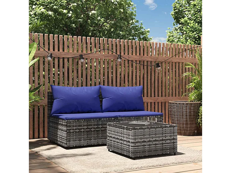Salon de jardin 3 pcs avec coussins Gris Résine tressée