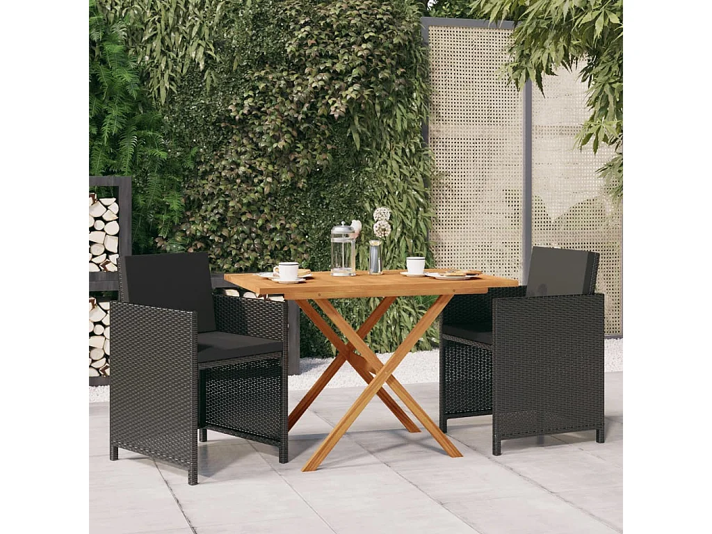 3 pcs conjunto de jantar para jardim com almofadões preto