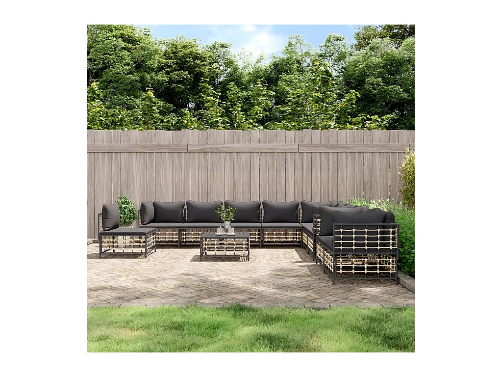 Salon de jardin 11 pcs avec coussins anthracite résine tressée