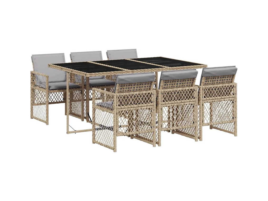 Ensemble à manger de jardin et coussins 7 pcs beige poly rotin