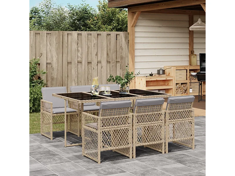7-tlg. Garten-Essgruppe mit Kissen Beige Poly Rattan