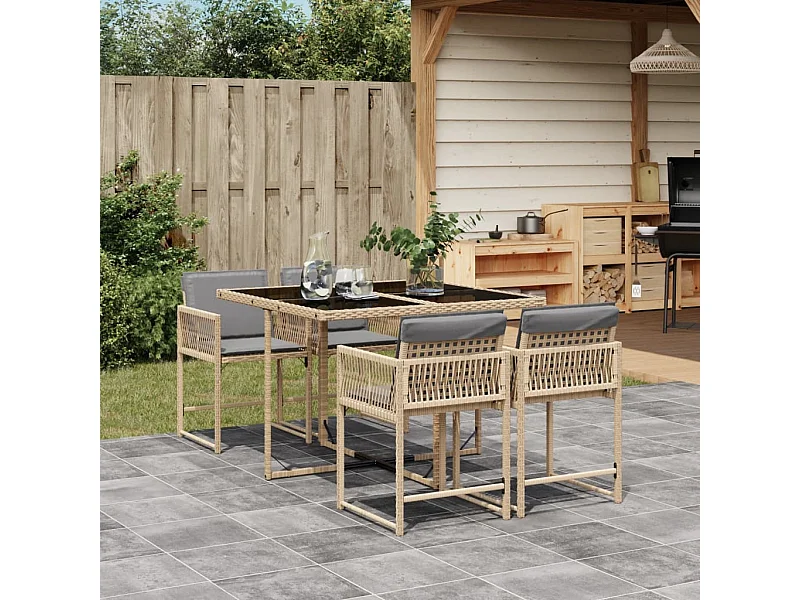 Set Pranzo da Giardino 5 pz con Cuscini Beige Misto Polyrattan