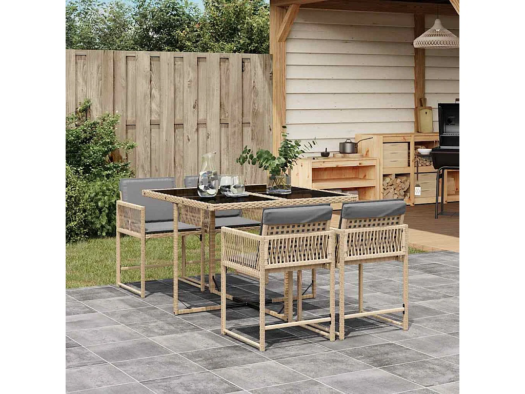 Ensemble à manger de jardin coussins 5 pcs mélange beige rotin