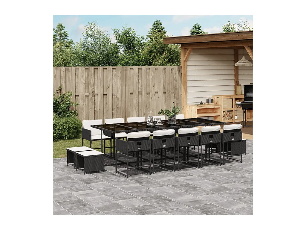 15-tlg. Garten-Essgruppe mit Kissen Schwarz Poly Rattan