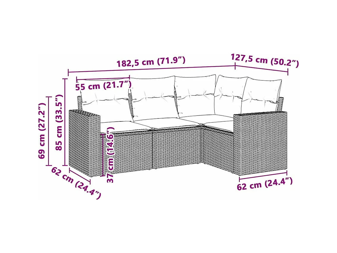 Salon de jardin 4 pcs avec coussins gris clair résine tressée