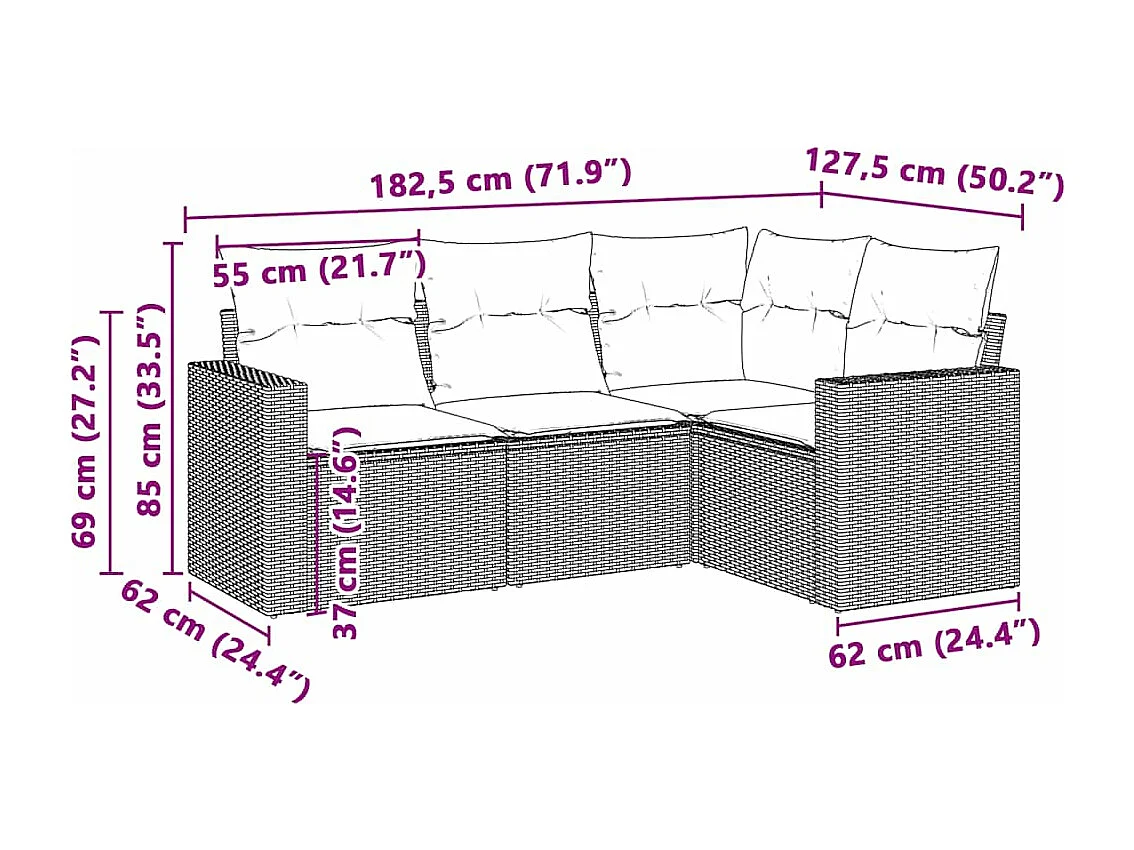 4-delige Loungeset met kussens poly rattan lichtgrijs