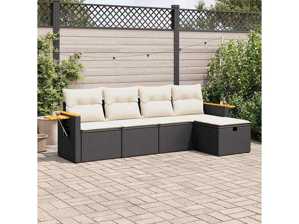 5-tlg. Garten-Sofagarnitur mit Kissen Schwarz Poly Rattan