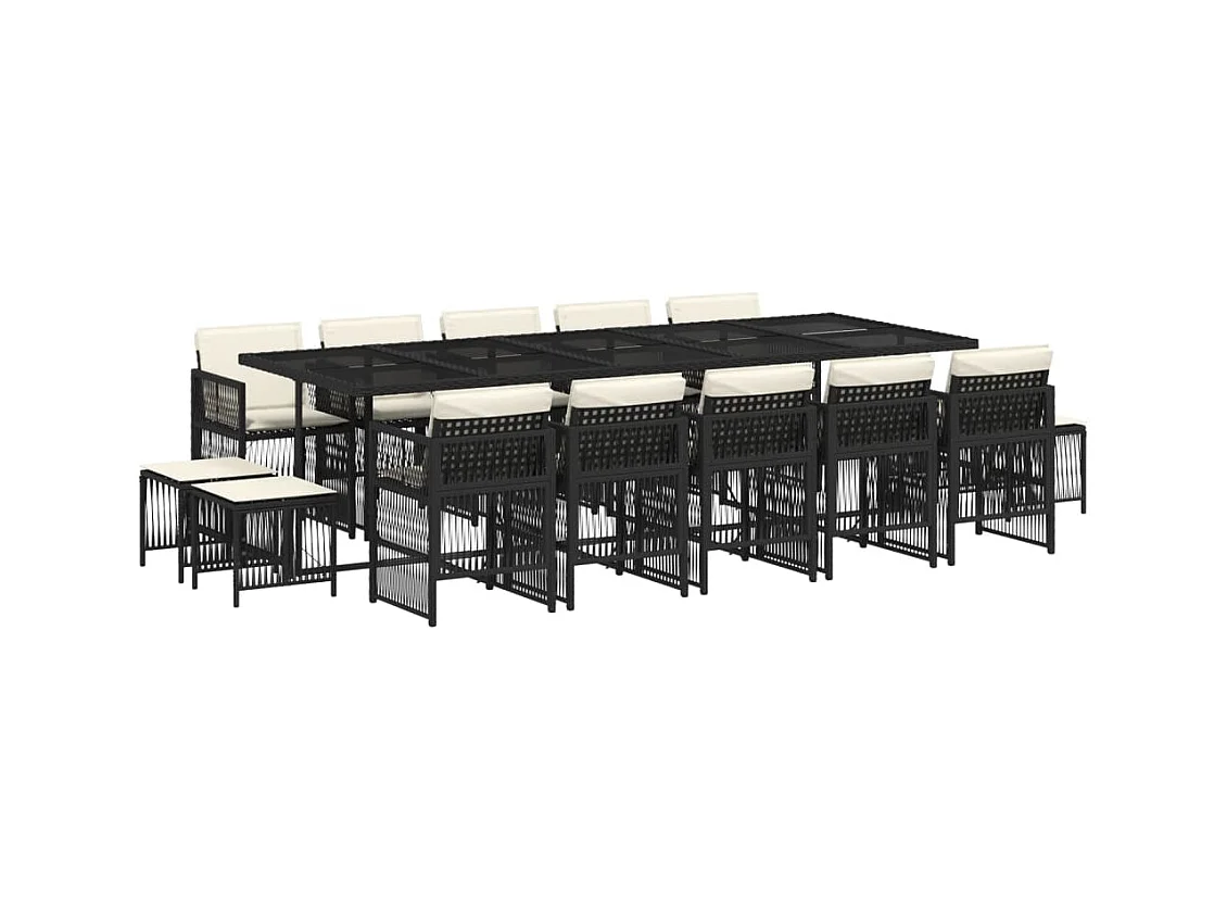 Set comedor de jardín con cojines 15 pzas ratán sintético negro