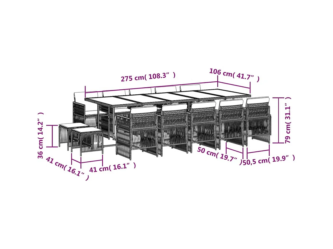 Set comedor de jardín con cojines 15 pzas ratán sintético negro