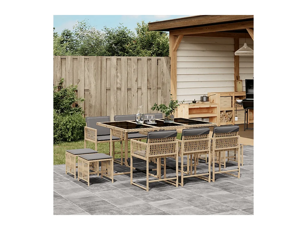 Ensemble à manger de jardin et coussins 11 pcs mélange beige
