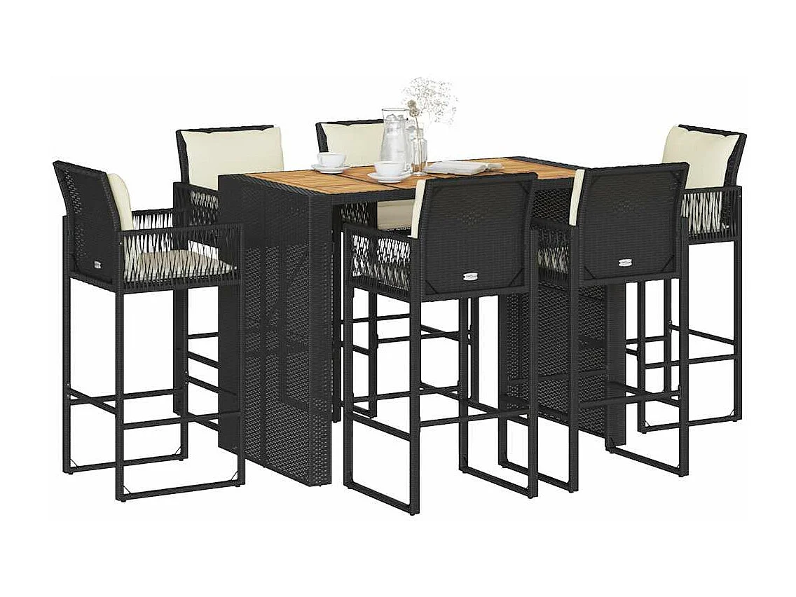 7-delige Tuinbarset met kussens poly rattan acacia zwart