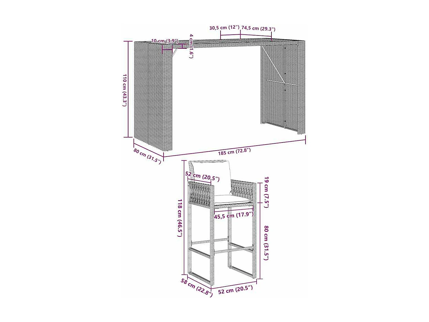 7-delige Tuinbarset met kussens poly rattan acacia zwart