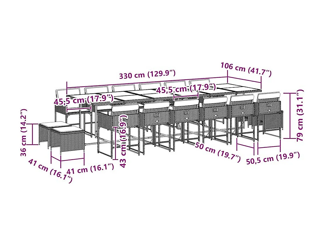 Ensemble à manger de jardin 17 pcs et coussins résine tressée