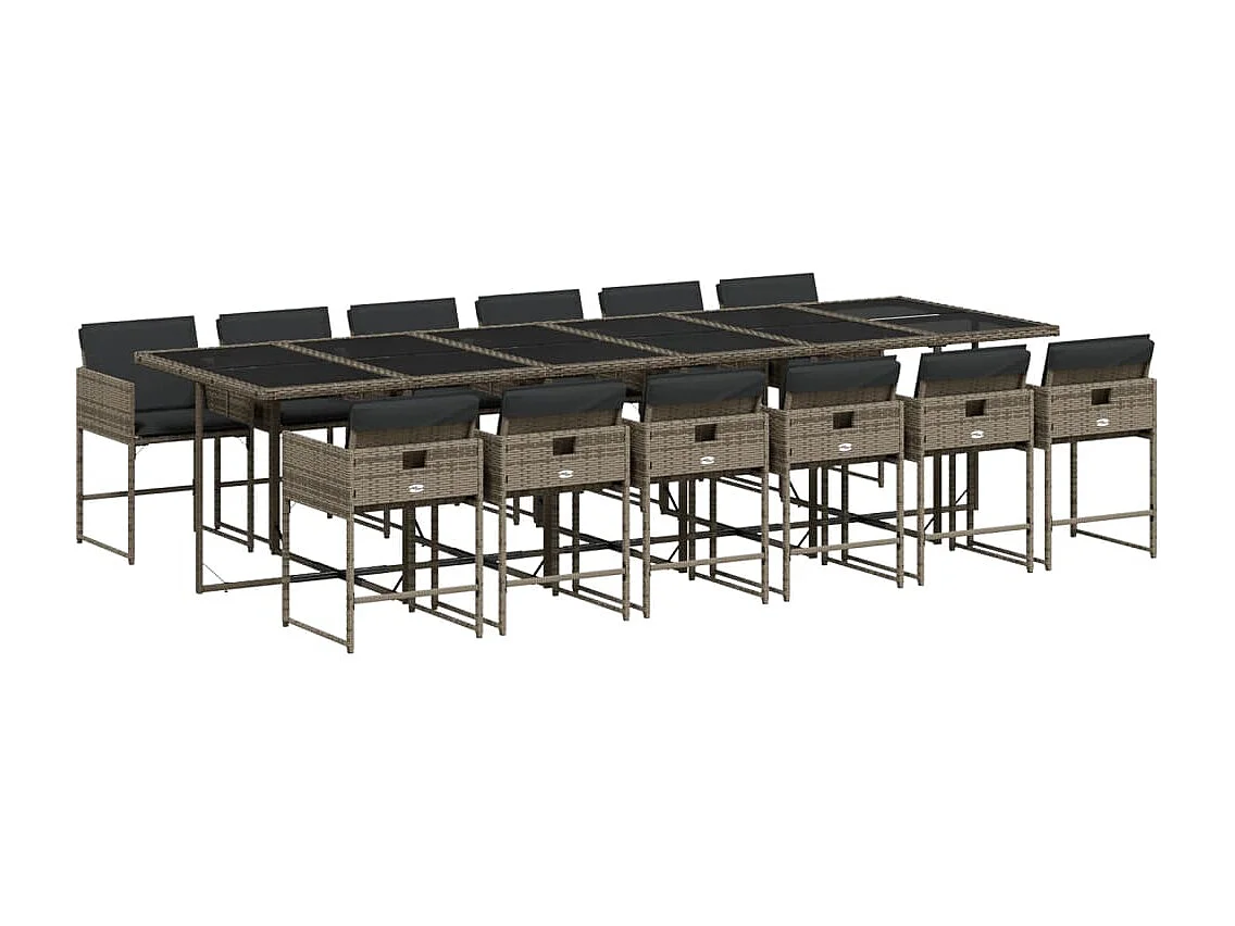 Set comedor de jardín con cojines 13 pzas ratán sintético gris