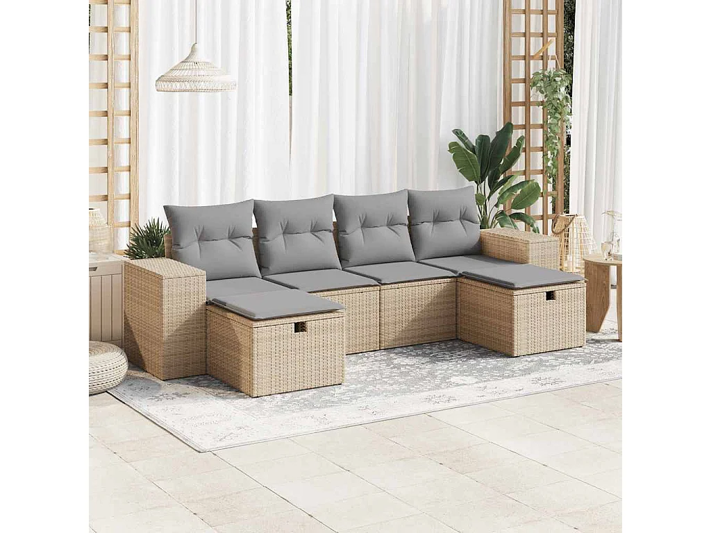6-delige Loungeset met kussens poly rattan beige