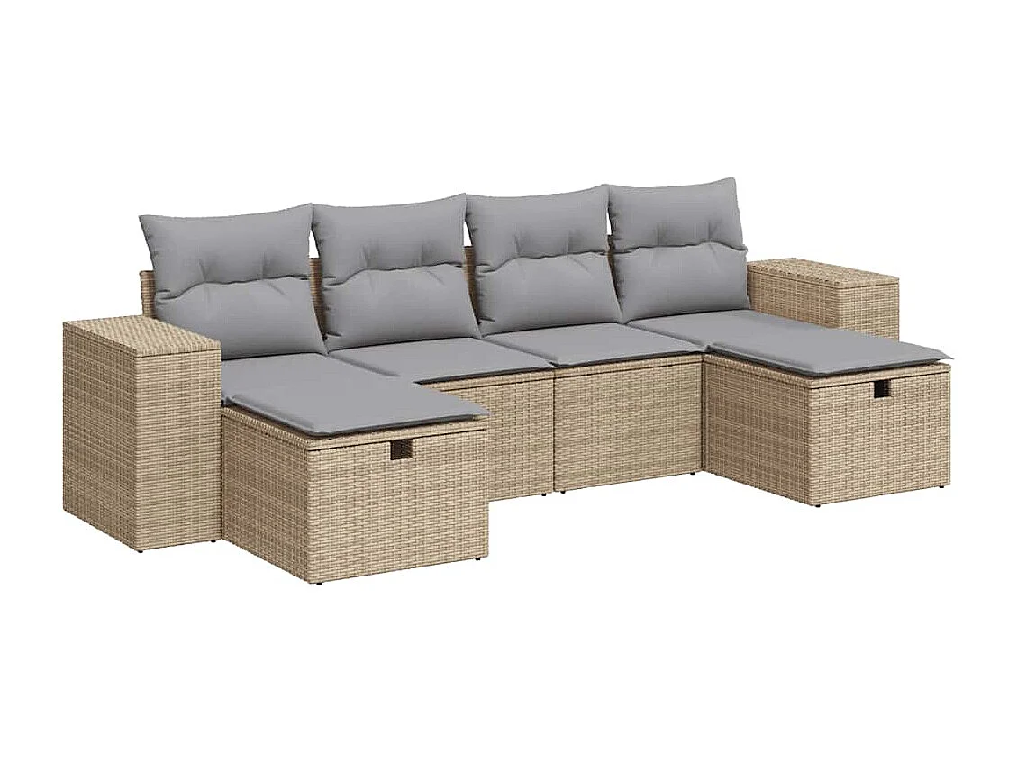 6-delige Loungeset met kussens poly rattan beige