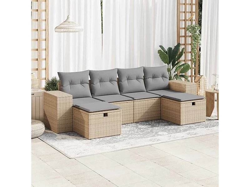 6-delige Loungeset met kussens poly rattan beige