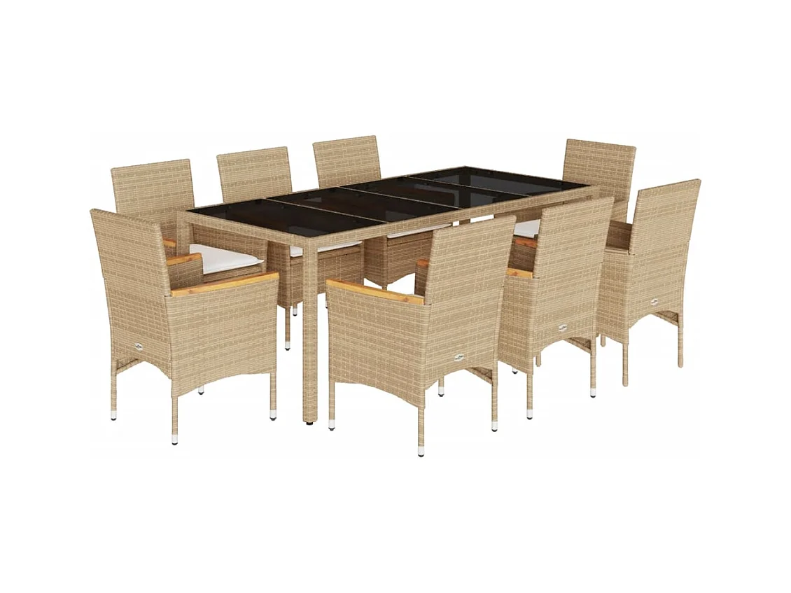 Ensemble à manger de jardin et coussins 9 pcs beige rotin verre