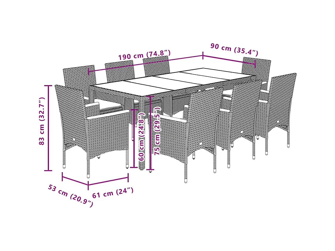 Ensemble à manger de jardin et coussins 9 pcs beige rotin verre