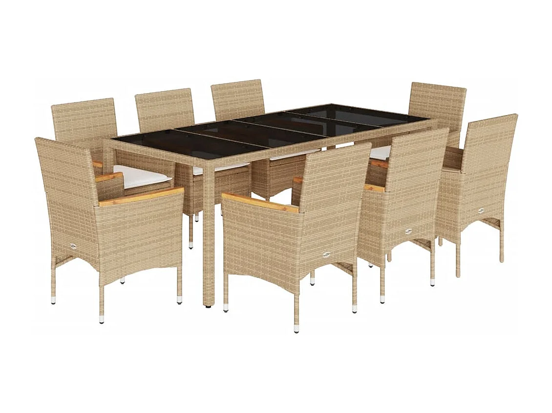 Ensemble à manger de jardin et coussins 9 pcs beige rotin verre