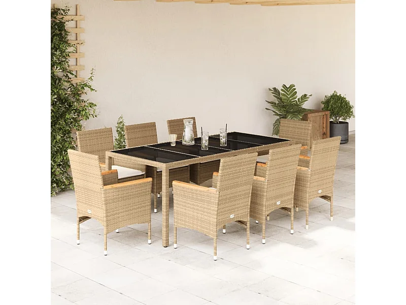 9-delige Tuinset met kussens poly rattan en glas beige
