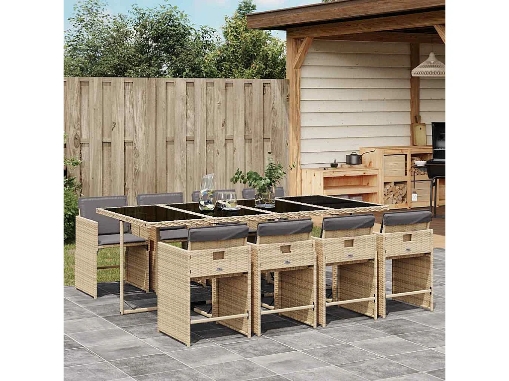 Set Pranzo da Giardino 9 pz con Cuscini Beige Misto Polyrattan