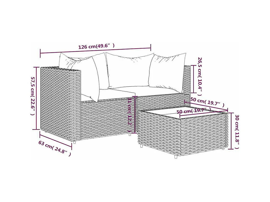 Salon de jardin 3 pcs avec coussins Noir Résine tressée