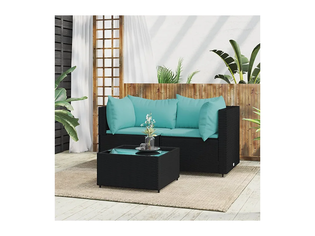 Salon de jardin 3 pcs avec coussins Noir Résine tressée