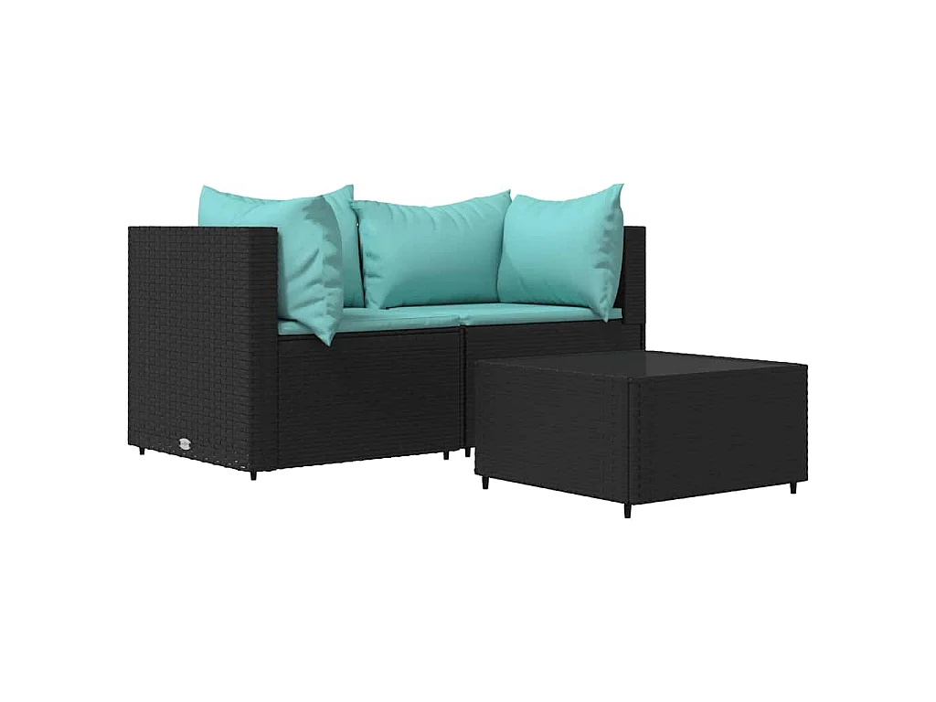 Salon de jardin 3 pcs avec coussins Noir Résine tressée
