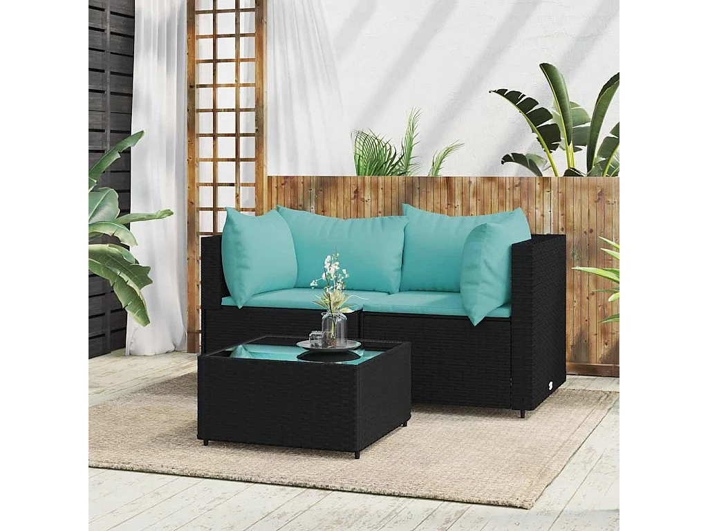 Salon de jardin 3 pcs avec coussins Noir Résine tressée