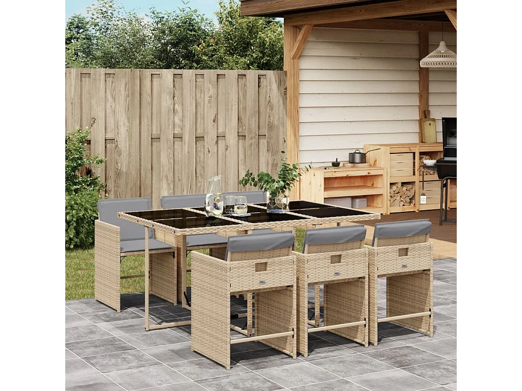 7-delige Tuinset met kussens poly rattan gemengd beige