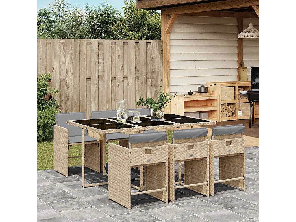 Set Pranzo da Giardino 7 pz con Cuscini Beige Misto Polyrattan
