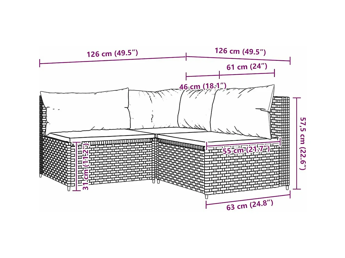 Salon de jardin 3 pcs avec coussins marron résine tressée