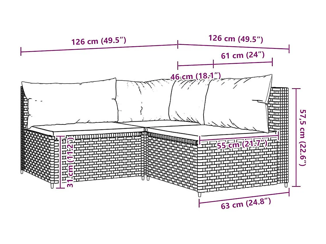 3-tlg. Garten-Lounge-Set mit Kissen Braun Poly Rattan