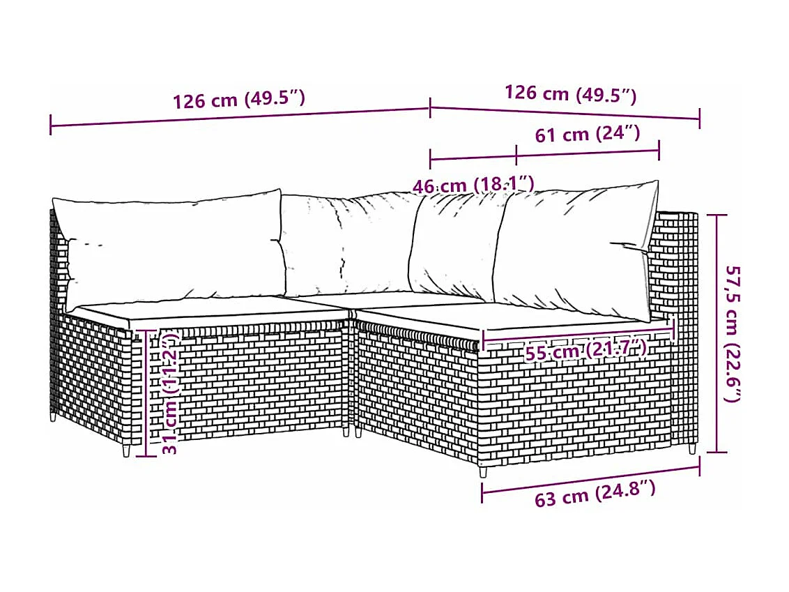 3-tlg. Garten-Lounge-Set mit Kissen Braun Poly Rattan