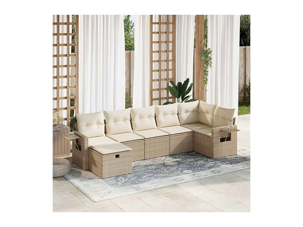 Salon de jardin avec coussins 7 pcs beige résine tressée
