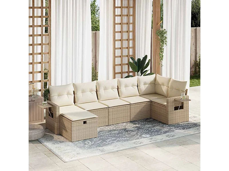 7-tlg. Garten-Sofagarnitur mit Kissen Beige Poly Rattan