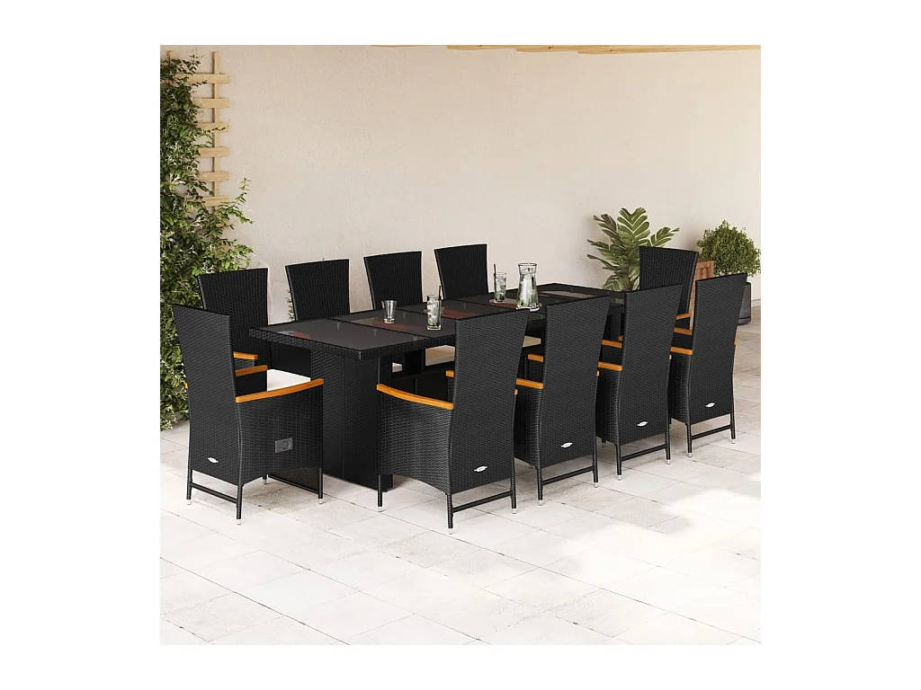 Ensemble à manger de jardin 11 pcs coussins noir résine tressée