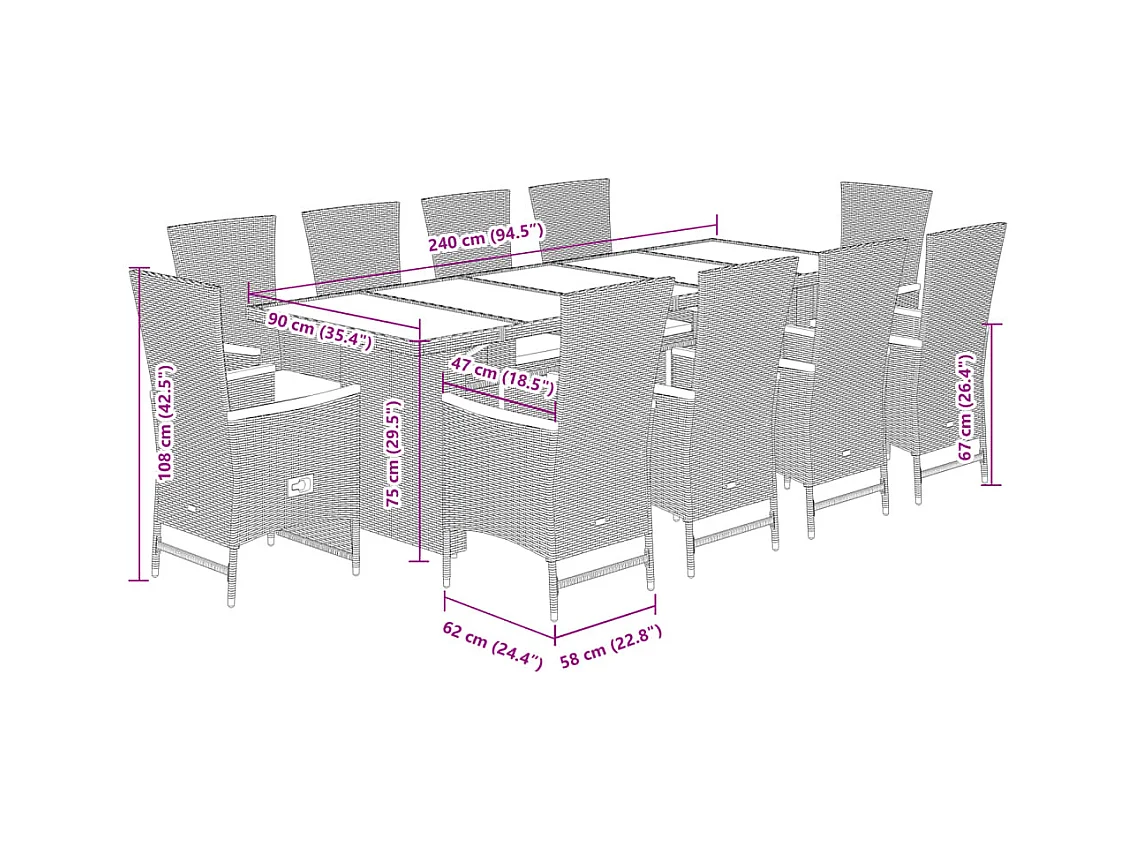 Ensemble à manger de jardin 11 pcs coussins noir résine tressée