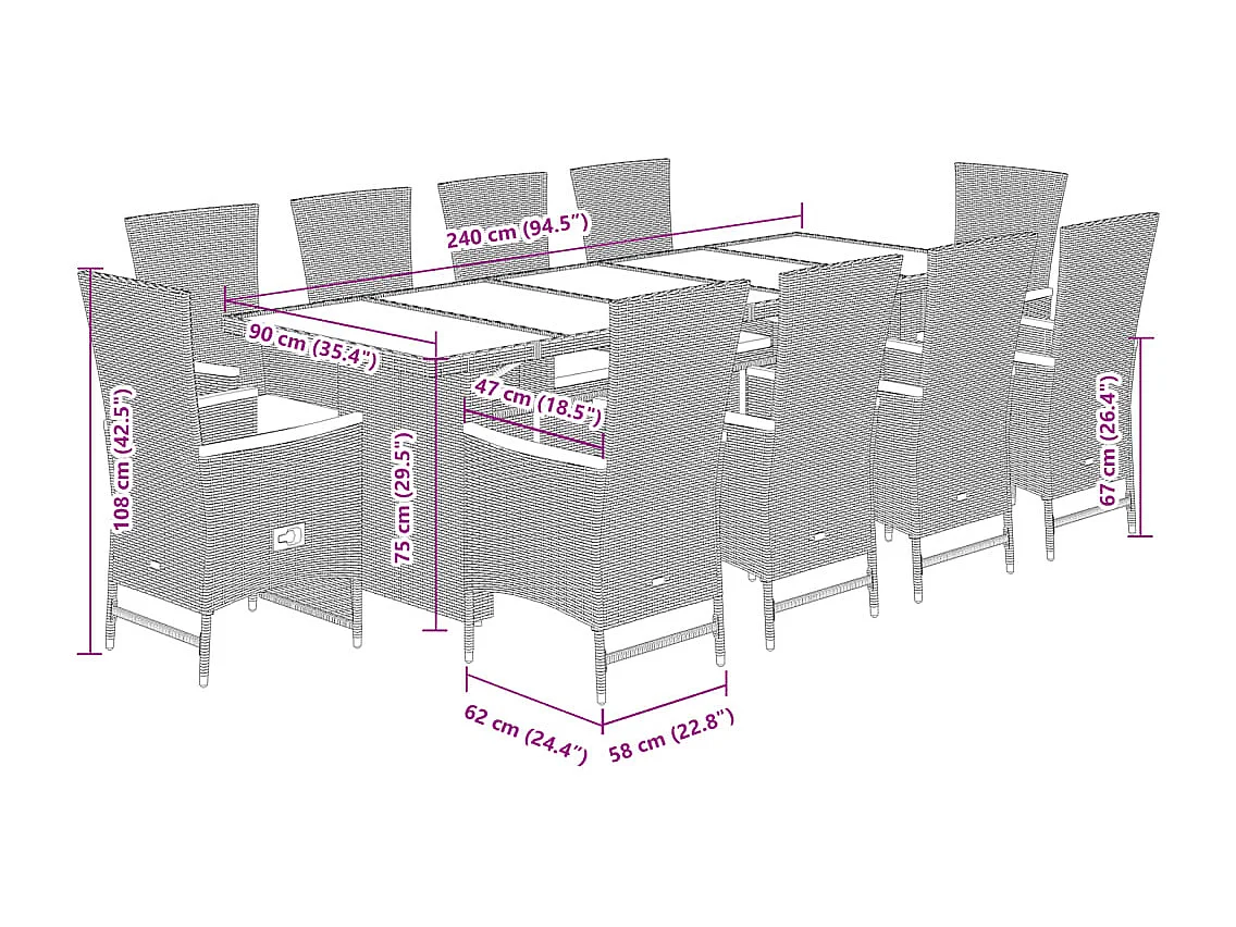 11 pcs conjunto de jantar p/ jardim c/ almofadões vime PE preto