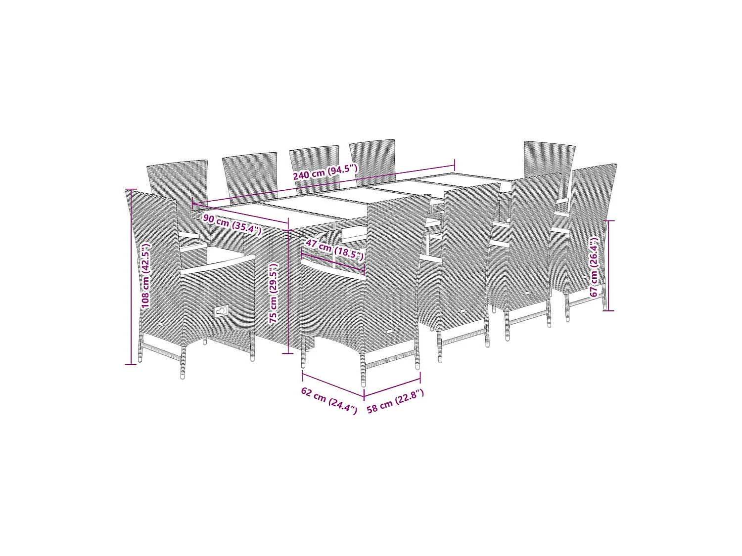 11 pcs conjunto de jantar p/ jardim c/ almofadões vime PE preto