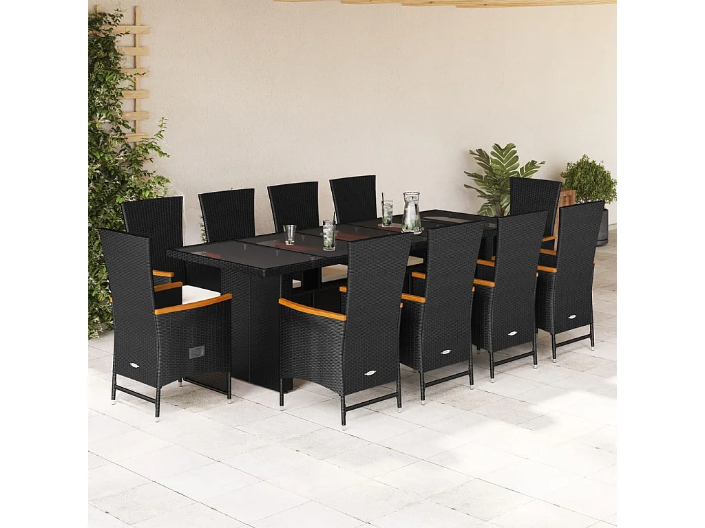 11-tlg. Garten-Essgruppe mit Kissen Schwarz Poly Rattan