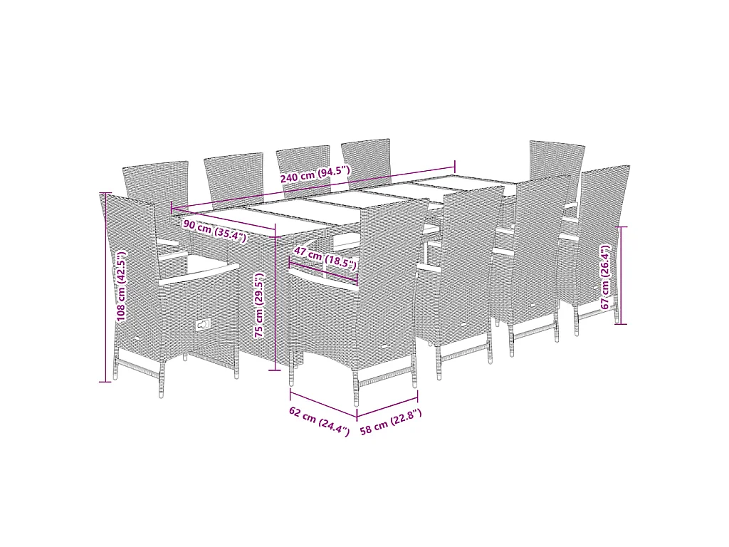 11-tlg. Garten-Essgruppe mit Kissen Schwarz Poly Rattan