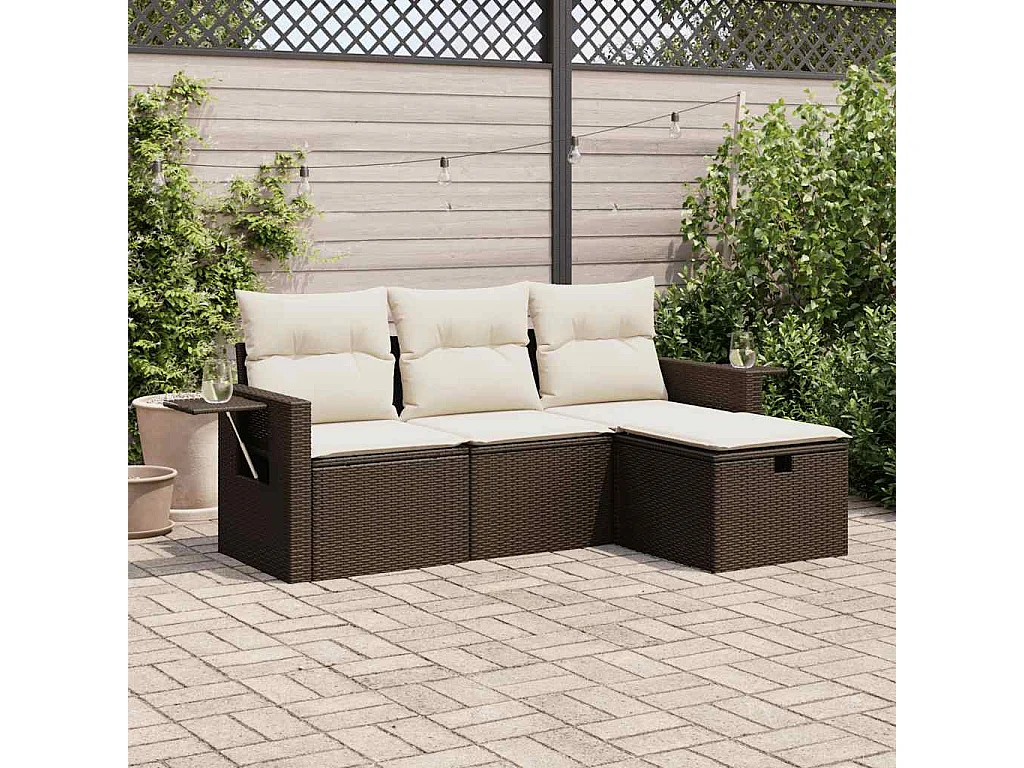 4 pcs conjunto sofás de jardim c/ almofadões vime PE castanho