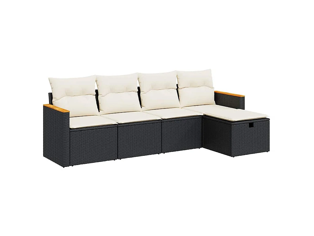 5-delige Loungeset met kussens poly rattan zwart