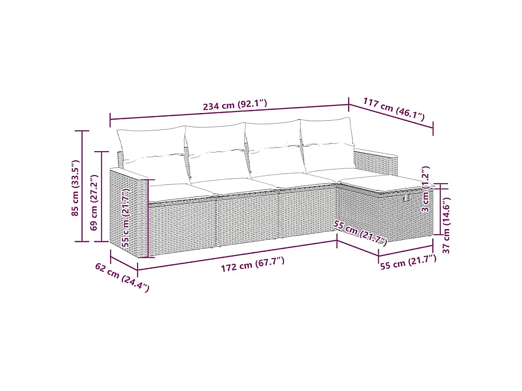 5-delige Loungeset met kussens poly rattan zwart