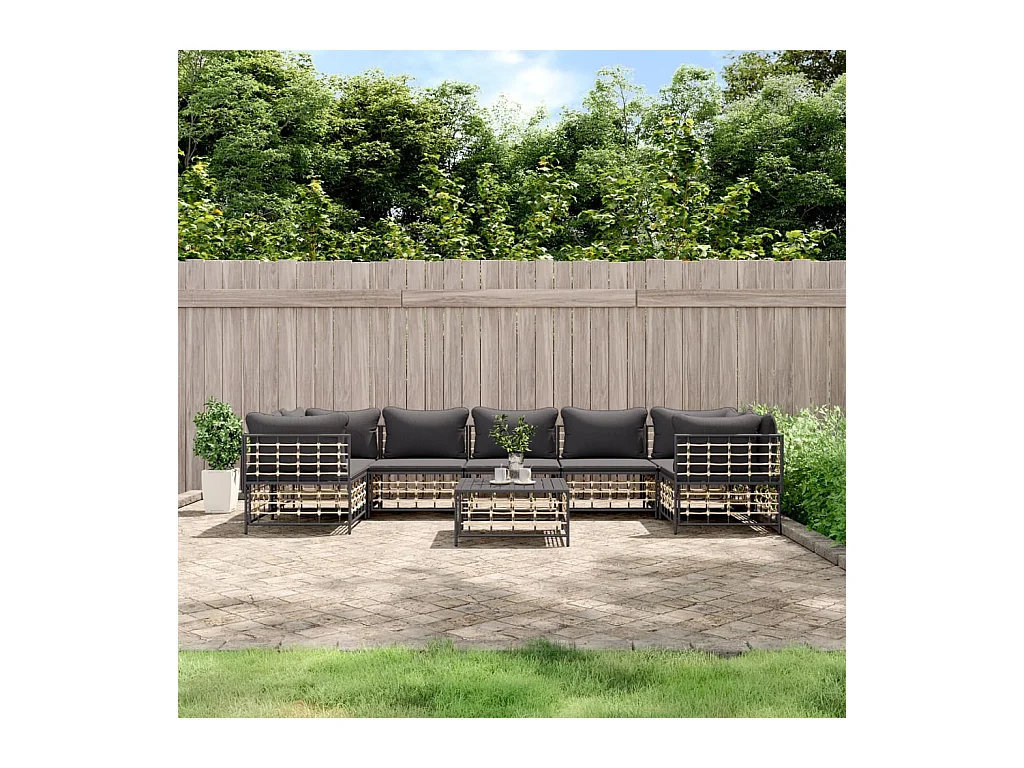 8 pcs conjunto lounge de jardim c/ almofadões vime PE antracite