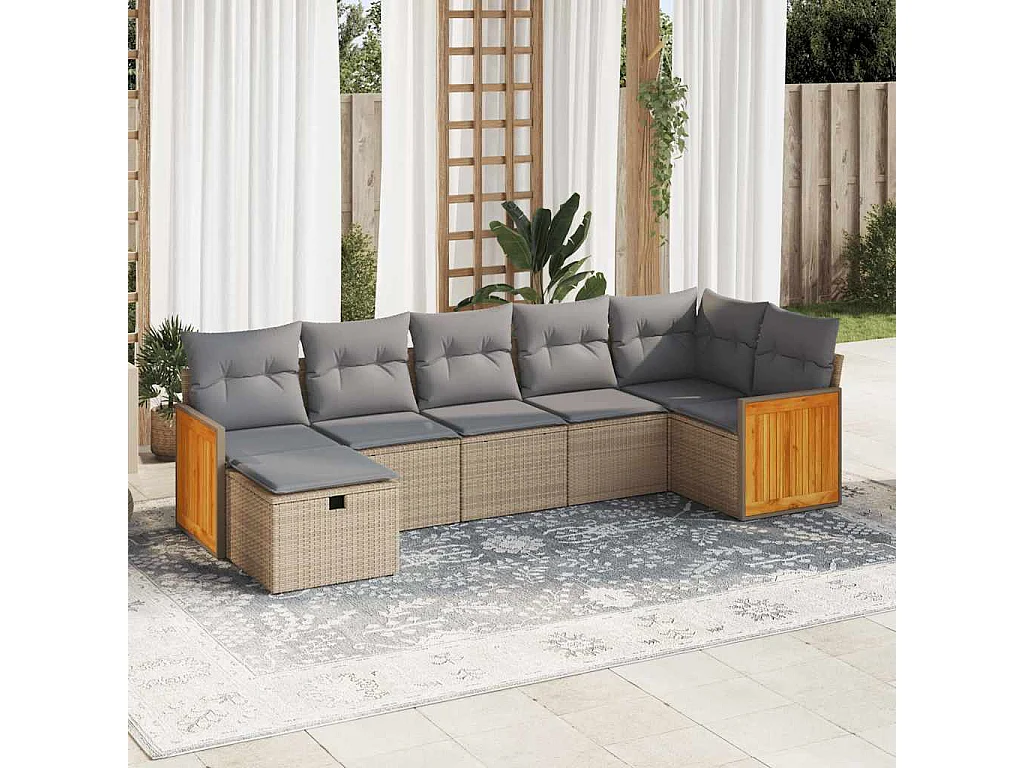 Set Divani da Giardino 7 pz con Cuscini Beige in Polyrattan