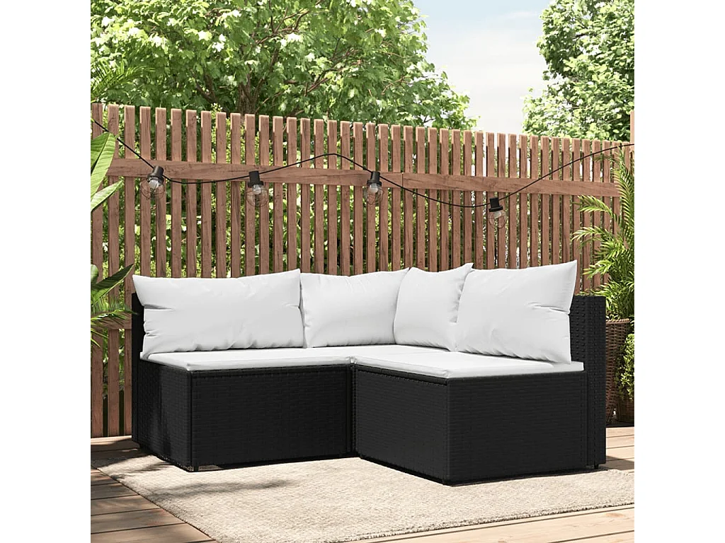 3 pcs conjunto lounge de jardim c/ almofadões vime PE preto